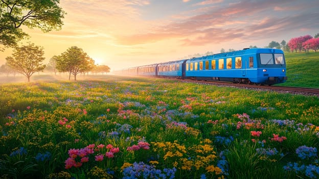 A blue train running through a flowers fields in a summer . AI generated