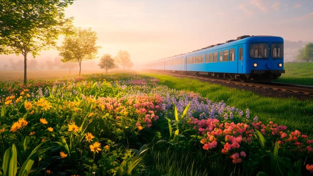A blue train running through a field of flowers blossoms in summer . AI generated