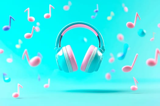 Headphones with colorful music notes flying on light blue background. AI generated