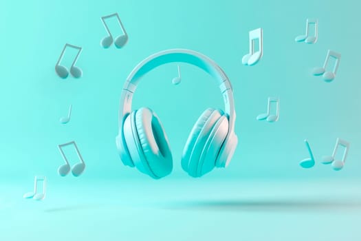 Headphones with music notes flying on light blue background. AI generated
