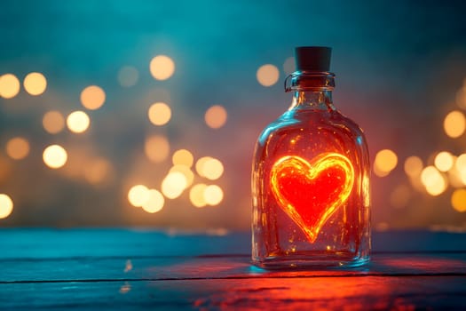 Romantic bottle design with a heart inside, set against the twinkling lights. AI generated