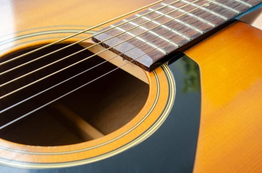 Close up view of part of Guitar suitable for music cover or use for copy space. Music and copy space concept.