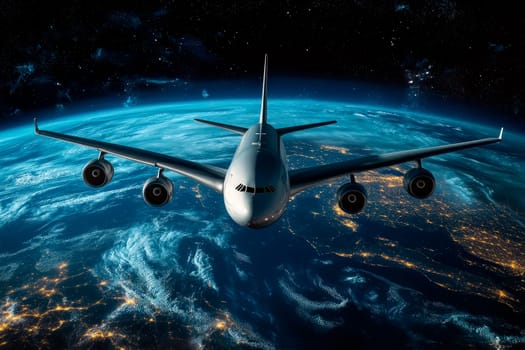 Abstract image of an airplane flying over the earth. Travel concept. AI generated