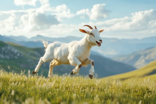 A happy goat jumping on a beautiful pasture at green hills.Farm animals. AI generated