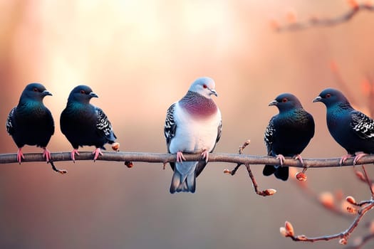 Homing pigeons, also known as postal pigeons sitting on a tree branch. AI generated