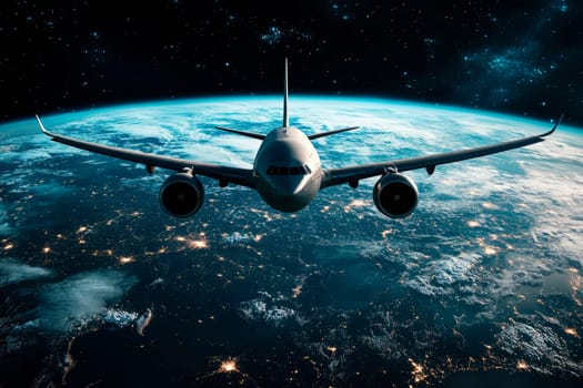 An airplane flying over the earth. Travel concept. AI generated
