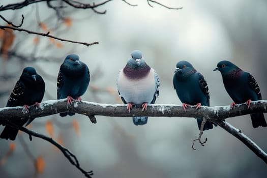 Homing pigeons, also known as postal pigeons or messenger pigeons sitting on a tree branch. AI generated