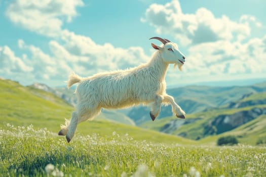 A happy goat jumping on a beautiful pasture at green hills. AI generated