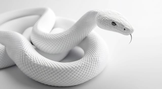 A close view of a white snake, displaying its smooth scales and intricate patterns, set against a light background.