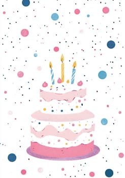 A beautifully decorated birthday cake features pink layers, colorful dots, and lit candles, creating a festive atmosphere for celebration.
