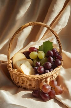 A wicker basket holds a variety of grapes and slices of cheese on a soft fabric background, creating a rustic and inviting display.