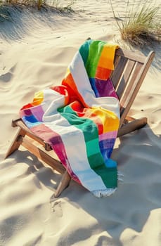 A vibrant towel in various colors rests on a wooden beach chair, surrounded by soft sand and gentle grass under the sun.