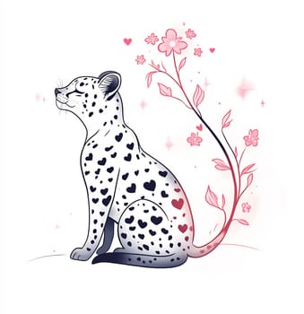 A graceful leopard sits calmly, adorned with heart patterns, surrounded by delicate pink flowers and a whimsical tail design.