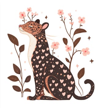 A leopard sits gracefully among blooming flowers, showcasing a unique pattern of hearts on its fur in a whimsical artistic style.