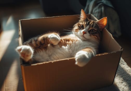 A relaxed cat comfortably lies on its back in a cardboard box, enjoying warm sunlight in a cozy indoor setting.