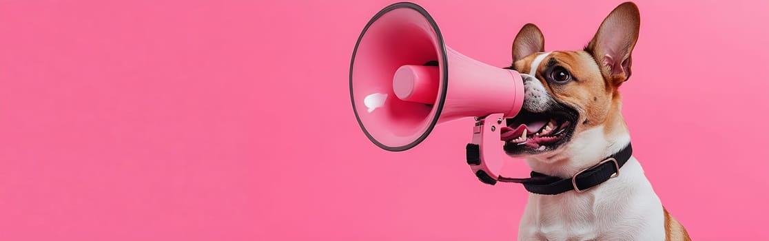A playful dog is holding a pink megaphone in its mouth, set against a bright pink background, creating a whimsical atmosphere.