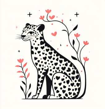 A leopard with heart-shaped spots sits gracefully, surrounded by stylized flowers and sweet hearts. This artwork showcases playful elegance and charm.