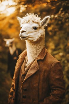 Two llamas dressed in vintage clothing walk through a forest during autumn, capturing the playful atmosphere of the season.