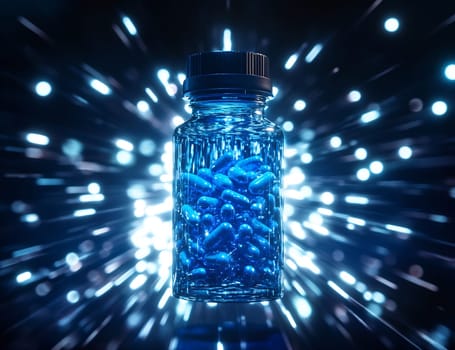 A clear container filled with blue capsules is illuminated against a burst of light, creating a striking visual effect.