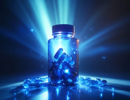 A bottle filled with luminous blue capsules stands out against a dark background, illuminated by soft blue light rays.