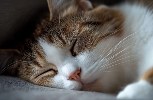 A cat is sleeping soundly with its eyes closed, nestled on a soft surface, highlighting its calm and cozy demeanor.