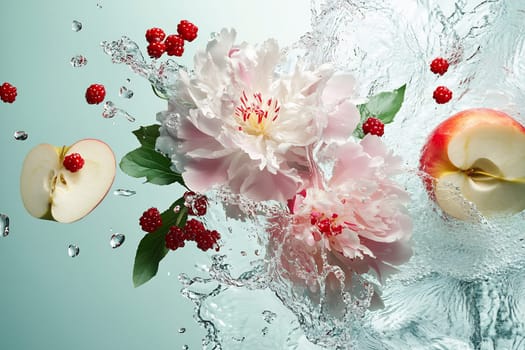 Fresh flowers and apples are surrounded by splashing water, creating an artistic composition with vibrant colors and textures.