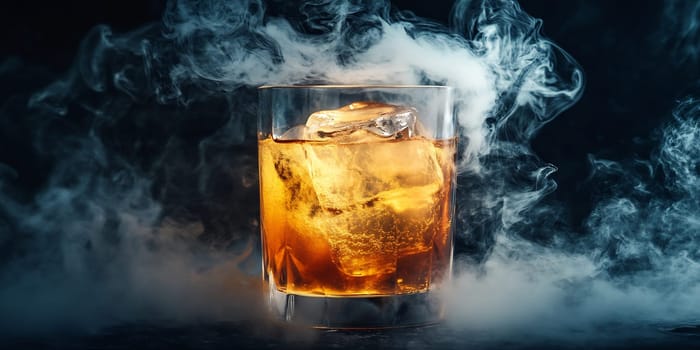 A glass brimming with whiskey and ice sits amidst swirling smoke, creating a dramatic, atmospheric effect in low light.