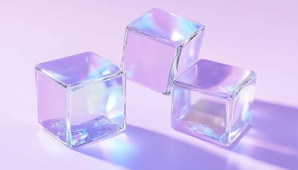 Three colorful glass cubes rest on a surface, illuminated by soft light, showcasing their translucent beauty and reflections.