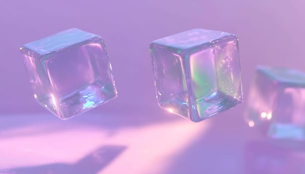Ice cubes hover in a vibrant setting, reflecting soft colors and creating a tranquil atmosphere in this artistic arrangement.