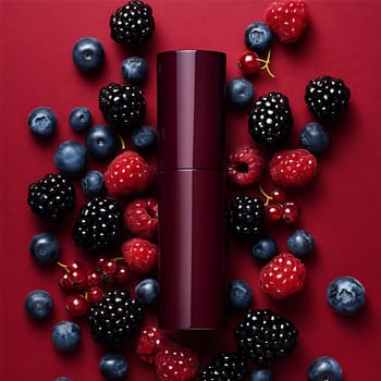 A stylish container rests among a colorful array of fresh berries, creating a visually appealing display of rich reds and deep blues.