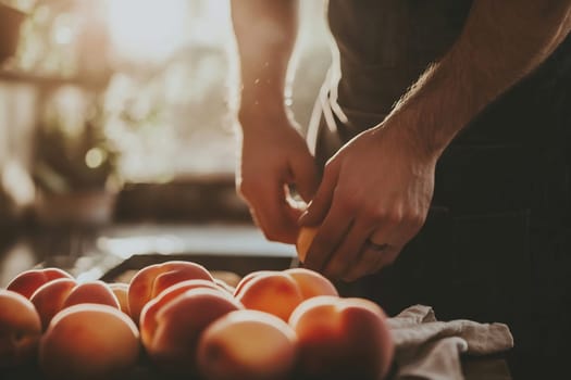 A person is cutting fresh peaches on a kitchen counter, sunlight illuminating the scene.