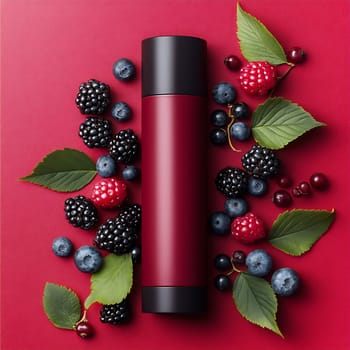 A thermal flask sits on a red background, surrounded by an array of fresh berries and vibrant green leaves, creating a colorful arrangement.