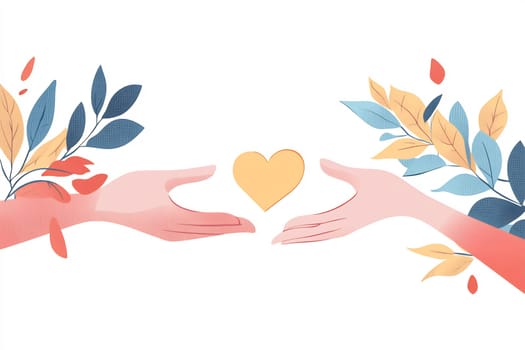 Two hands reach toward each other, cradling a golden heart surrounded by colorful leaves, symbolizing love and connection.