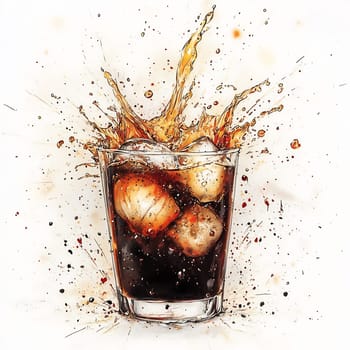 Bubbles rise and ice floats in a glass as vibrant liquid splashes out, capturing a moment of refreshment and excitement.