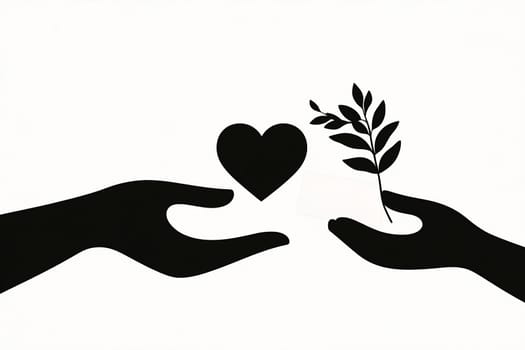 Two hands reach out to each other, one offering a heart and the other a sprig of leaves, symbolizing love and connection.