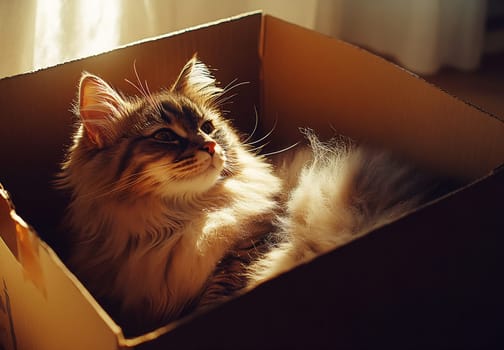 A fluffy cat enjoys a sunny day inside a cardboard box, looking content and peaceful in the warm light of the room.