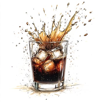 A glass filled with cola and ice cubes experiences a dynamic splash, capturing the refreshing moment as the drink overflows.