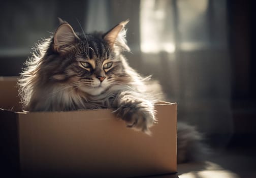 A fluffy cat lounges in a cardboard box, basking in soft sunlight streaming through a window. It looks calm and content.
