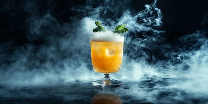 A vibrant cocktail garnished with mint sits on a reflective surface, enveloped in fog, creating a mystical and inviting atmosphere.