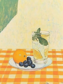 A glass of mint-infused lemon water sits on a white plate beside an orange and blueberries on a checkered tablecloth.