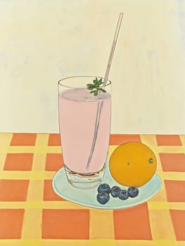 A tall glass of pink beverage sits on a plate with fresh blueberries and a yellow lemon on a checkered tablecloth.