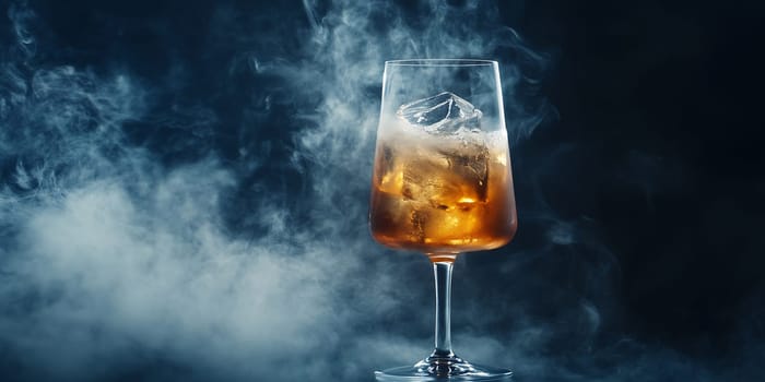 A tall glass filled with a cold beverage and ice sits against a dark backdrop, surrounded by mysterious smoke swirling around.