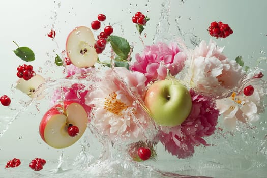 A vibrant arrangement of flowers and fruits bursts through water, showcasing apples, flowers, and red berries in lively motion.