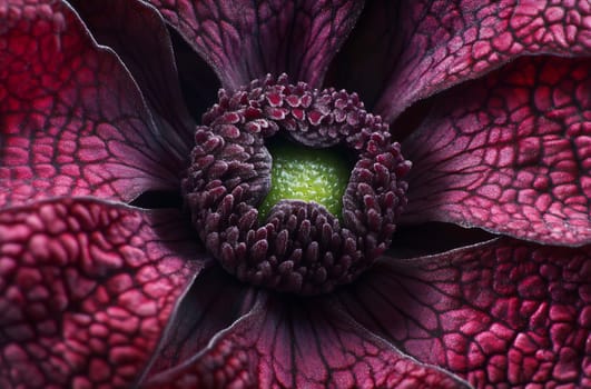 A stunning close-up reveals the intricate details of a red flower, showcasing its textured petals and unique green center.