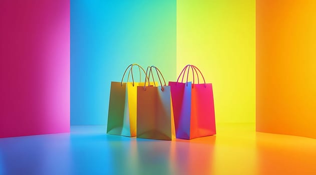 Three shopping bags in bright colors are arranged against a vivid background, showcasing an energetic and playful atmosphere.