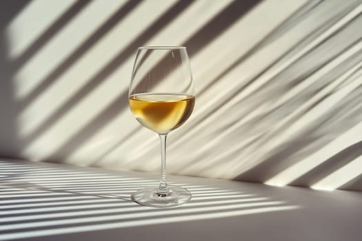 A wine glass filled with white wine stands on a surface, casting shadows from striped light. The composition highlights simplicity and elegance.