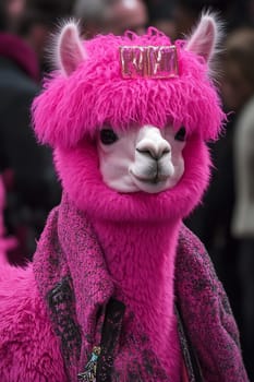 A lively pink alpaca showcases a vibrant outfit at an event, attracting attention with its unique look and playful spirit.