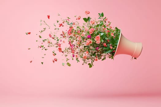 Colorful flowers are exploding from a ceramic vase against a pink background, creating an energetic and lively atmosphere.