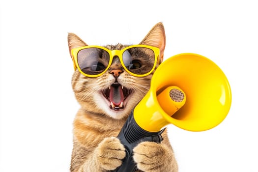 A playful cat with yellow sunglasses holds a yellow megaphone, appearing joyful and ready to make some noise during a fun moment.