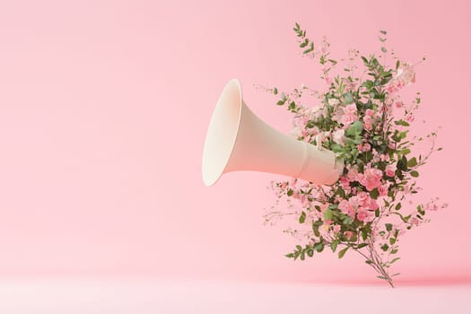 A large vintage speaker emerges from a cluster of delicate pink flowers, set against a soft pink background, creating a vibrant and artistic display.